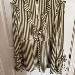Anthropology Bardot Dhalia Tie Front Ruffled Blouse Olive Striped Size 10 NWT